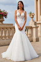 Load image into Gallery viewer, Ivory V-Neck Tulle Mermaid Sweep Train Wedding Dress with Lace