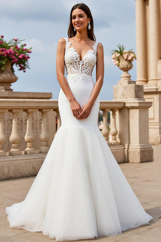 Ivory V-Neck Tulle Mermaid Sweep Train Wedding Dress with Lace