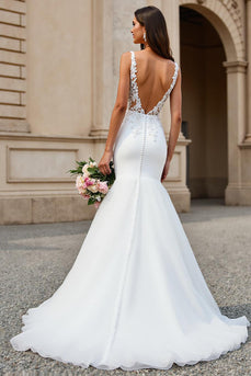 Ivory V-Neck Tulle Mermaid Sweep Train Wedding Dress with Lace
