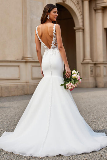 Ivory V-Neck Tulle Mermaid Sweep Train Wedding Dress with Lace