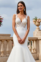 Load image into Gallery viewer, Ivory V-Neck Tulle Mermaid Sweep Train Wedding Dress with Lace