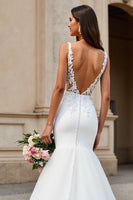 Load image into Gallery viewer, Ivory V-Neck Tulle Mermaid Sweep Train Wedding Dress with Lace