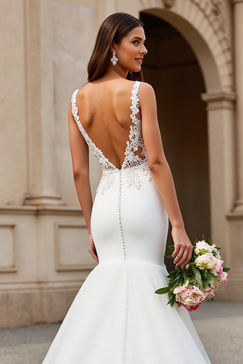 Ivory V-Neck Tulle Mermaid Sweep Train Wedding Dress with Lace