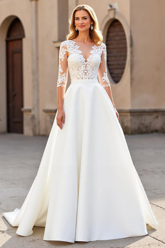 Ivory V-Neck Satin Sweep Train Wedding Dress with Sleeves