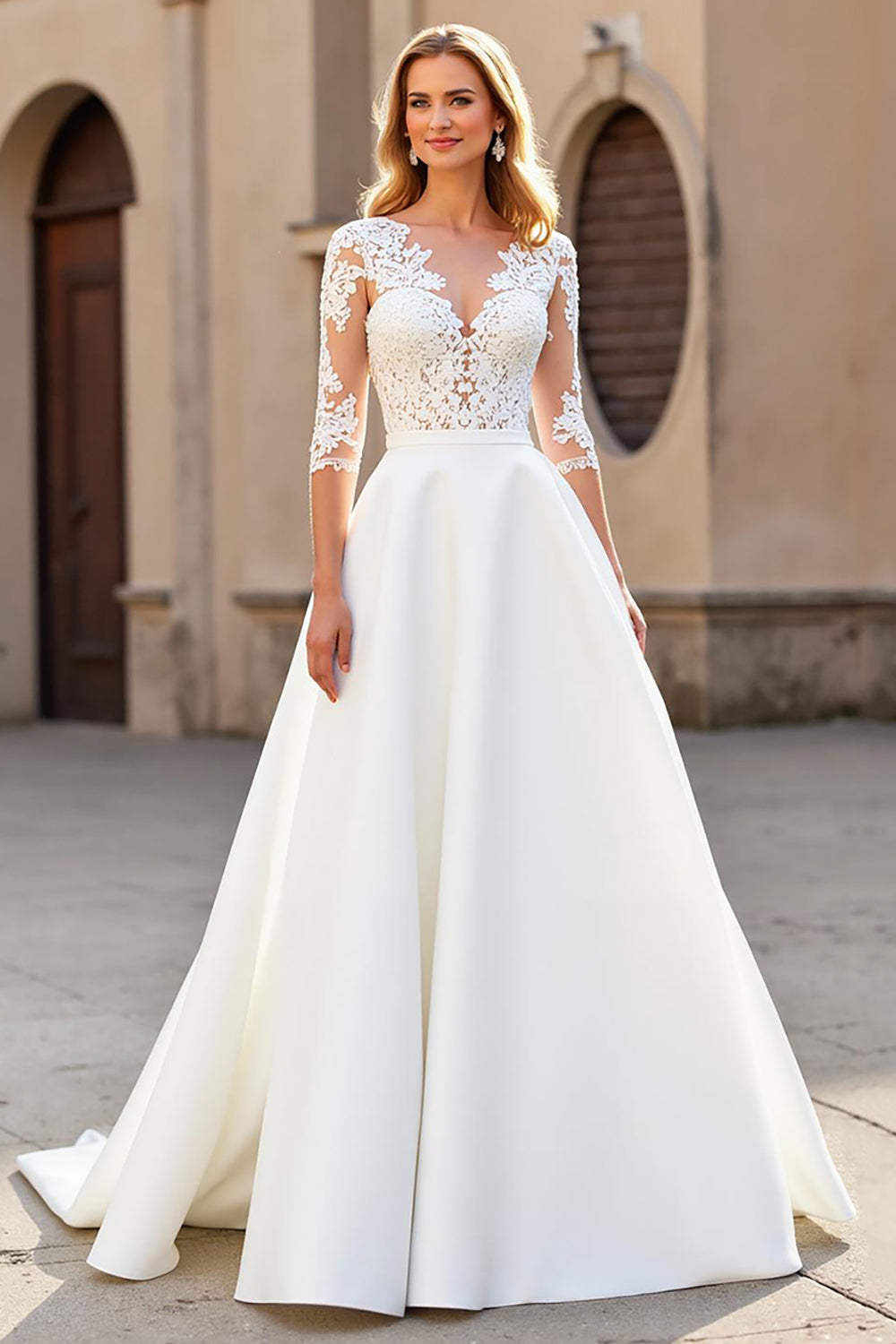 Ivory V-Neck Satin Sweep Train Wedding Dress with Sleeves