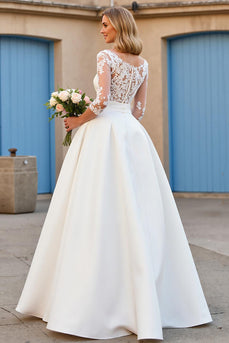 Ivory V-Neck Satin Sweep Train Wedding Dress with Sleeves