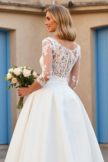 Ivory V-Neck Satin Sweep Train Wedding Dress with Sleeves