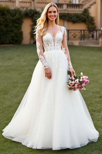 Ivory A Line Tulle Sweep Train Long Sleeves Wedding Dress with Lace