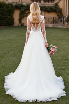 Ivory A Line Tulle Sweep Train Long Sleeves Wedding Dress with Lace