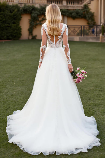 Ivory A Line Tulle Sweep Train Long Sleeves Wedding Dress with Lace