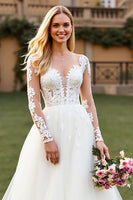 Load image into Gallery viewer, Ivory A Line Tulle Sweep Train Long Sleeves Wedding Dress with Lace