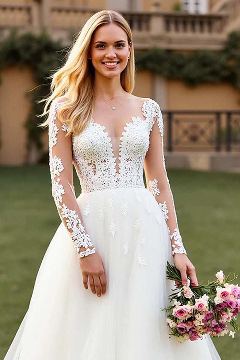 Load image into Gallery viewer, Ivory A Line Tulle Sweep Train Long Sleeves Wedding Dress with Lace