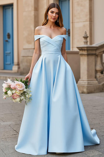 Sky Blue Satin Off the Shoulder Sweep Train Wedding Dress with Bow