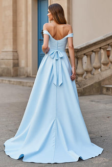 Sky Blue Satin Off the Shoulder Sweep Train Wedding Dress with Bow