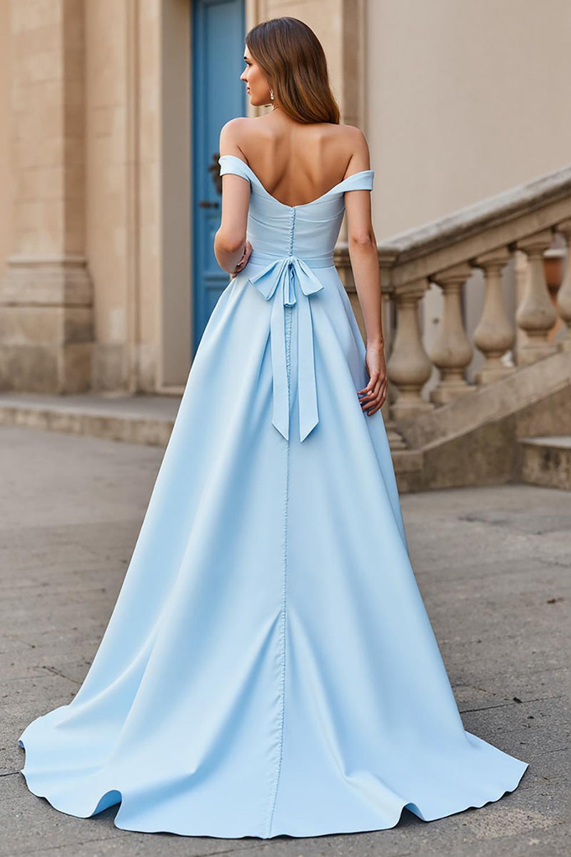 Load image into Gallery viewer, Sky Blue Satin Off the Shoulder Sweep Train Wedding Dress with Bow