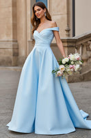 Load image into Gallery viewer, Sky Blue Satin Off the Shoulder Sweep Train Wedding Dress with Bow
