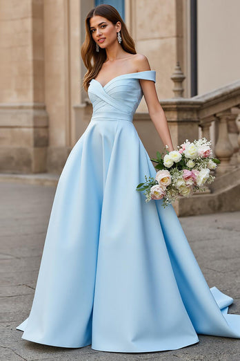 Sky Blue Satin Off the Shoulder Sweep Train Wedding Dress with Bow