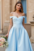 Load image into Gallery viewer, Sky Blue Satin Off the Shoulder Sweep Train Wedding Dress with Bow