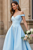 Load image into Gallery viewer, Sky Blue Satin Off the Shoulder Sweep Train Wedding Dress with Bow