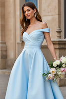 Load image into Gallery viewer, Sky Blue Satin Off the Shoulder Sweep Train Wedding Dress with Bow