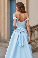 Load image into Gallery viewer, Sky Blue Satin Off the Shoulder Sweep Train Wedding Dress with Bow