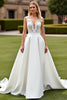 Load image into Gallery viewer, Ivory Sweep Train V-Neck Satin Wedding Dress with Lace