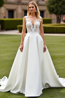 Load image into Gallery viewer, Ivory Sweep Train V-Neck Satin Wedding Dress with Lace