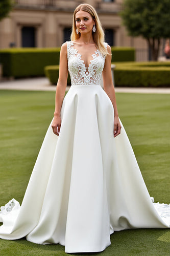 Ivory Sweep Train V-Neck Satin Wedding Dress with Lace