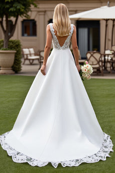 Ivory Sweep Train V-Neck Satin Wedding Dress with Lace