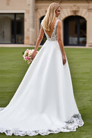 Load image into Gallery viewer, Ivory Sweep Train V-Neck Satin Wedding Dress with Lace