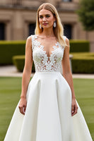 Load image into Gallery viewer, Ivory Sweep Train V-Neck Satin Wedding Dress with Lace