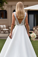 Load image into Gallery viewer, Ivory Sweep Train V-Neck Satin Wedding Dress with Lace