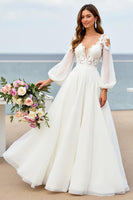 Load image into Gallery viewer, Ivory Chiffon V-Neck Sweep Train Wedding Dress with Sleeves