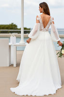 Load image into Gallery viewer, Ivory Chiffon V-Neck Sweep Train Wedding Dress with Sleeves