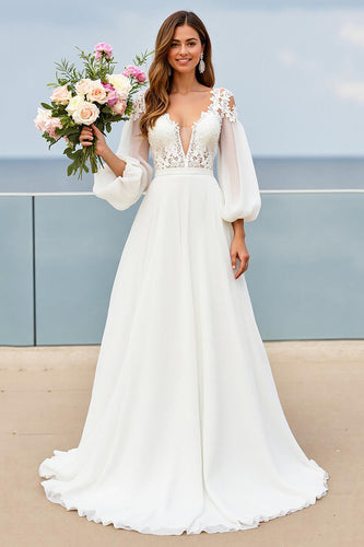 Ivory Chiffon V-Neck Sweep Train Wedding Dress with Sleeves