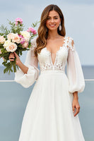 Load image into Gallery viewer, Ivory Chiffon V-Neck Sweep Train Wedding Dress with Sleeves