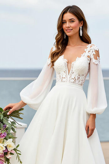 Ivory Chiffon V-Neck Sweep Train Wedding Dress with Sleeves