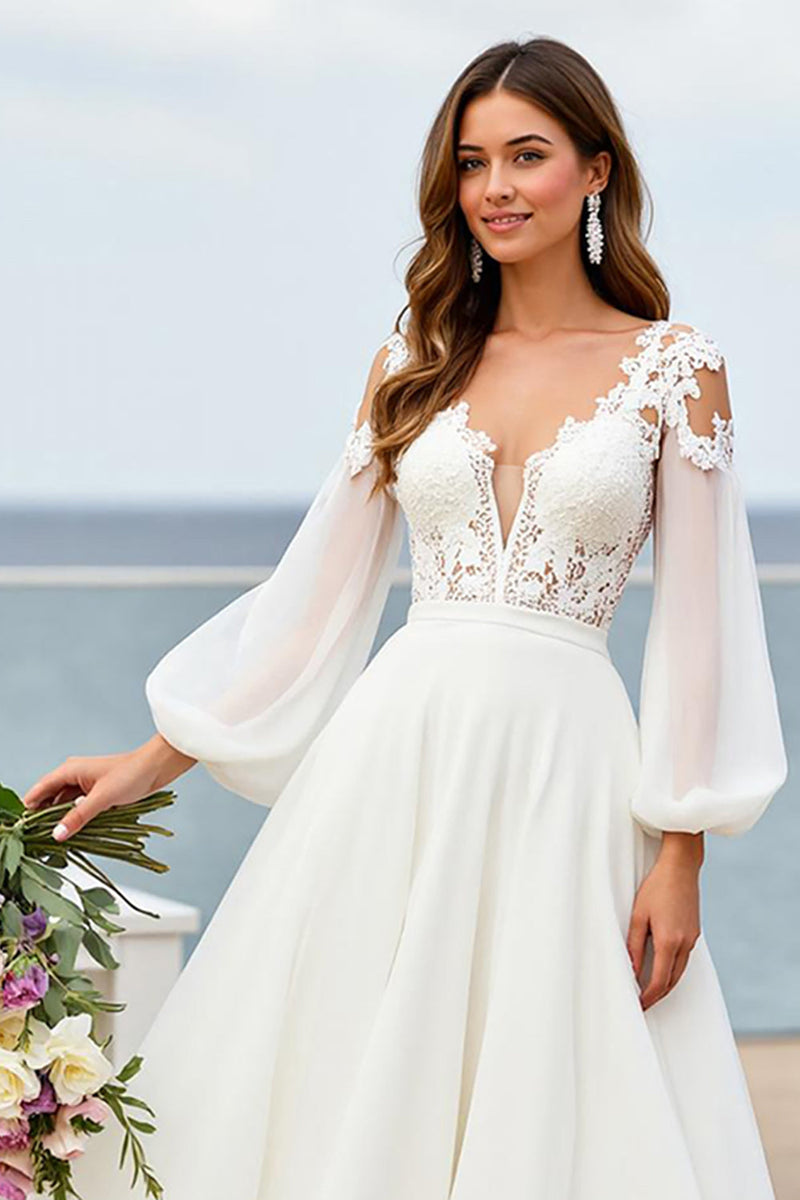 Load image into Gallery viewer, Ivory Chiffon V-Neck Sweep Train Wedding Dress with Sleeves