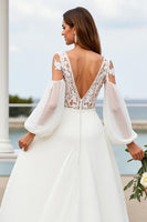 Load image into Gallery viewer, Ivory Chiffon V-Neck Sweep Train Wedding Dress with Sleeves