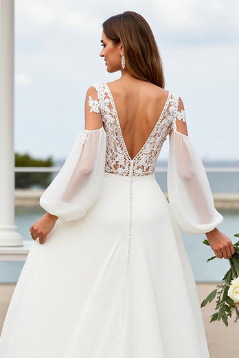 Ivory Chiffon V-Neck Sweep Train Wedding Dress with Sleeves