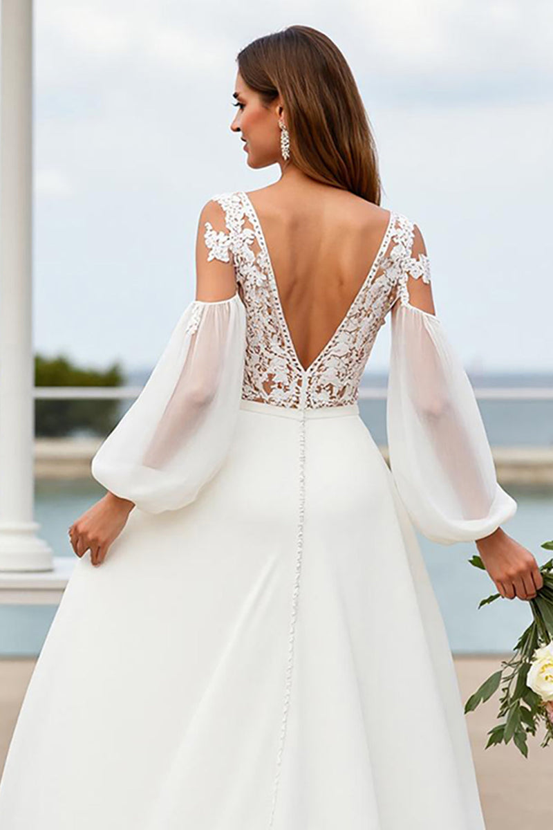 Load image into Gallery viewer, Ivory Chiffon V-Neck Sweep Train Wedding Dress with Sleeves
