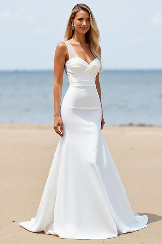 Ivory Satin Mermaid Backless Sweep Train Wedding Dress