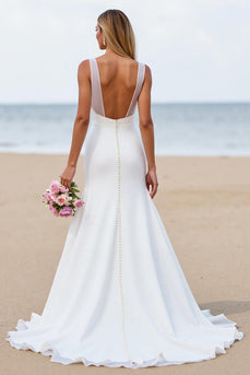 Ivory Satin Mermaid Backless Sweep Train Wedding Dress