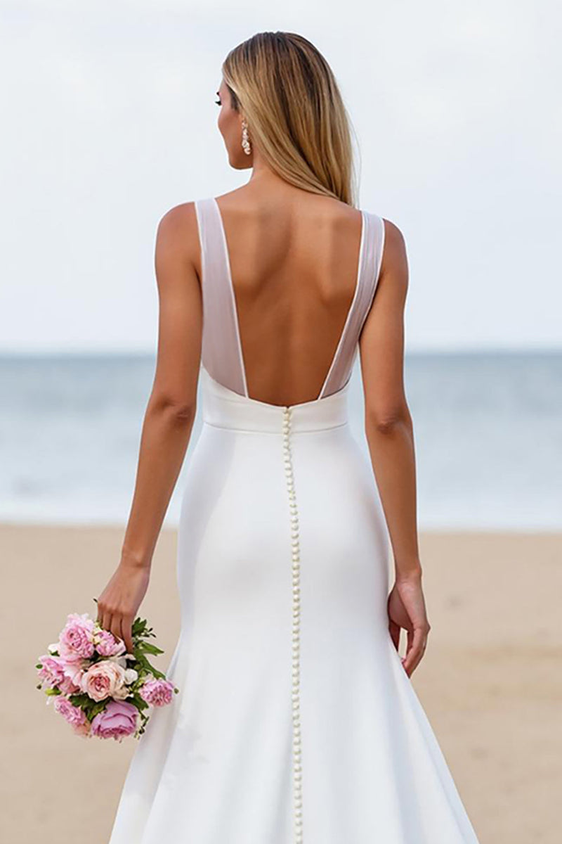 Load image into Gallery viewer, Ivory Satin Mermaid Backless Sweep Train Wedding Dress
