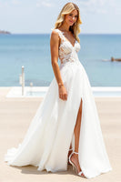 Load image into Gallery viewer, Ivory A Line Boho Sweep Train Wedding Dress with Slit