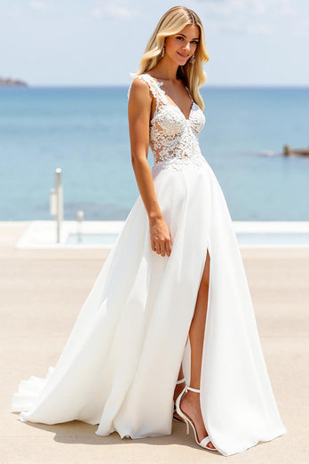 Ivory A Line Boho Sweep Train Wedding Dress with Slit