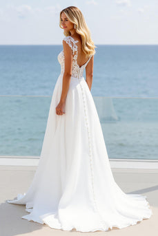 Ivory A Line Boho Sweep Train Wedding Dress with Slit