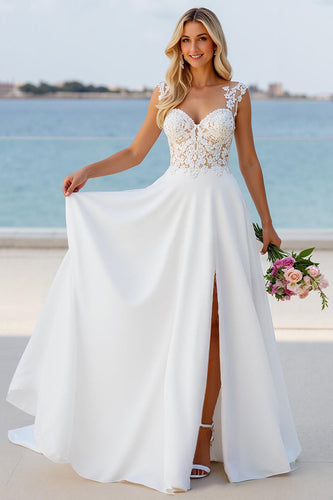 Ivory A Line Boho Sweep Train Wedding Dress with Slit