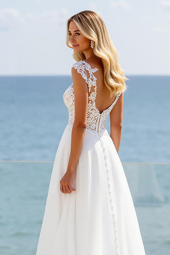 Ivory A Line Boho Sweep Train Wedding Dress with Slit
