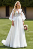 Load image into Gallery viewer, Ivory Long Sleeves A Line Sweep Train Wedding Dress with Lace